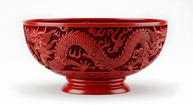 A red lacquerware bowl with intricate dragon carvings, isolated on white background, showcasing traditional chinese craftsmanship and artistry in detail