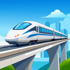 Modern high-speed train on railway track, flat vector style for transport, travel, and future technology concept
