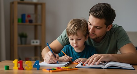 Father and Son Learning Together at Home.