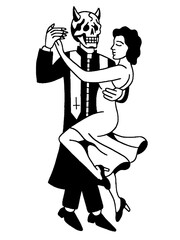 Devil skeleton priest dancing with woman tattoo art