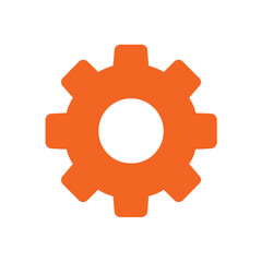 A simple orange gear or cogwheel icon, a symbol for settings, mechanics, and industrial processes, isolated on a white background.