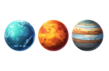 Set of pink and blue planets isolated on transparent background.