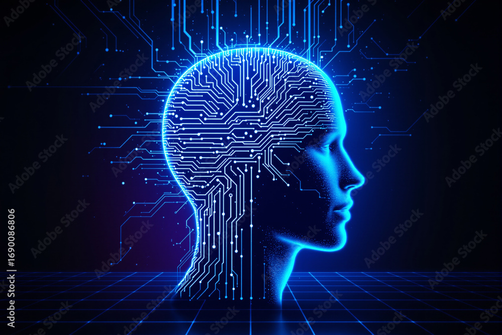 Poster futuristic digital human head with circuit lines symbolizing artificial intelligence and creative th