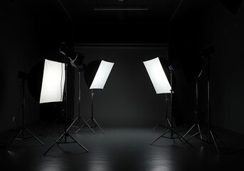 Professional Photography Studio Setup with Softboxes and Light Stands for Creative Portrait and Product Shots in Dark Room