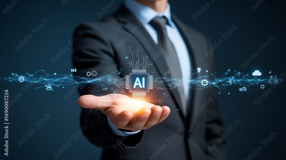 Poster ai chip in hand embracing the future of artificial intelligence and technological innovation for bus