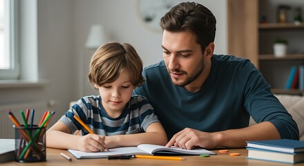 Father Helping Son With Homework.