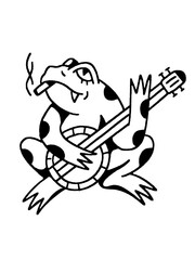 A quirky illustration of a frog playing banjo