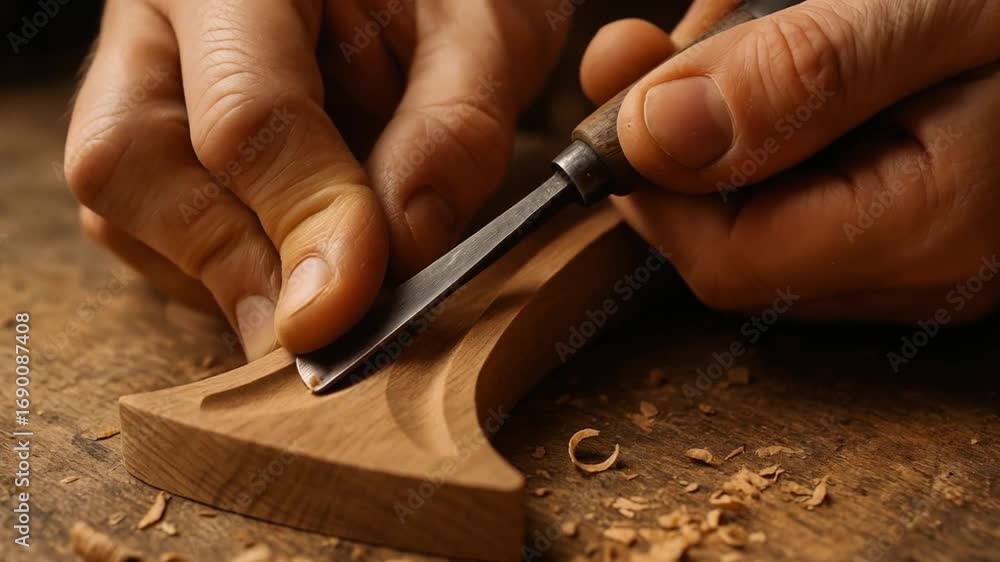 Poster performance in creation labor concept. craftsman shaping wood with a chisel, showcasing skillful cra