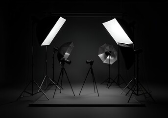 Professional Photography Studio Setup with Softboxes and Umbrellas in a Dark Room Showing Advanced Lighting Equipment Ready for a Photoshoot