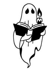 Cute ghost reading book with candle illustration