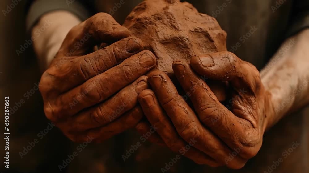 Poster performance in creation labor concept. hands holding a lump of clay, showcasing texture and artistry