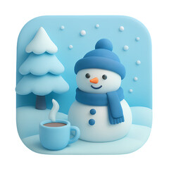 Snowman with Pine Tree and Hot Drink in Snowy Landscape – Cozy Winter Holiday Cartoon Illustration