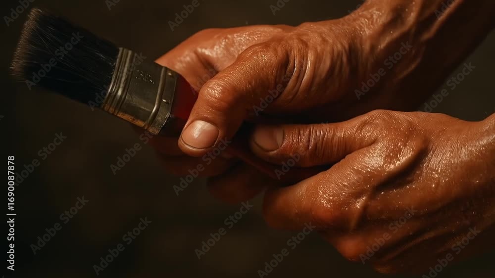 Poster performance in creation labor concept. worn hands gripping a paintbrush against a dark background.