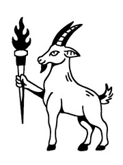Goat holding a torch in hand drawn, black & white style