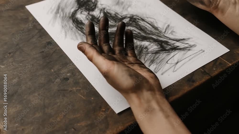 Poster performance in creation labor concept. artistic hands with charcoal smudges holding a sketch of a fi
