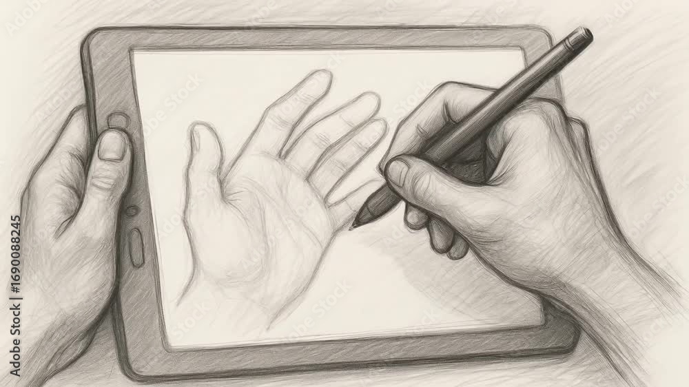 Poster performance in creation labor concept. digital drawing of hands on a tablet screen.