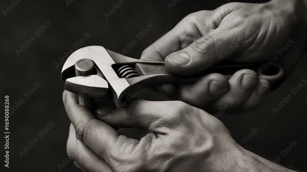 Poster performance in creation labor concept. hands using a wrench to adjust a metal fitting.