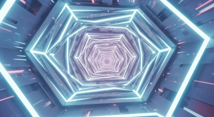 Futuristic Hexagonal Tunnel with Neon Lights, Abstract Background