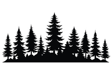 Fototapeta premium Silhouette of Evergreen Forest Tall Coniferous Trees Against White Backdrop, Illustration