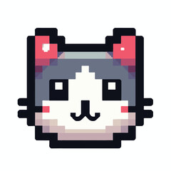 Pixelated Cute Cat Face Icon with Pink Bows - Adorable Cartoon Animal Art