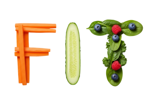 Healthy lifestyle word fit formed from fresh vegetables and fruits isolated on black transparent background