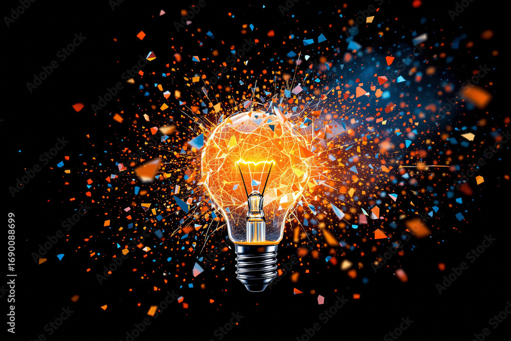 Poster exploding lightbulb with glowing orange network and flying shards symbolizing creative innovation an