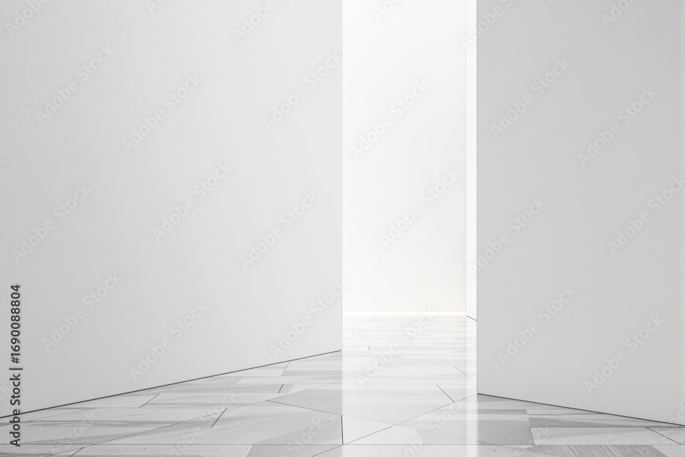 Poster minimalistic white interior space with geometric patterned floor and open doorway allowing natural l
