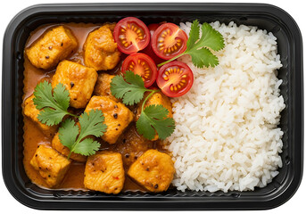 Delicious indian curry with paneer and basmati rice served in takeout container overhead shot transparent background