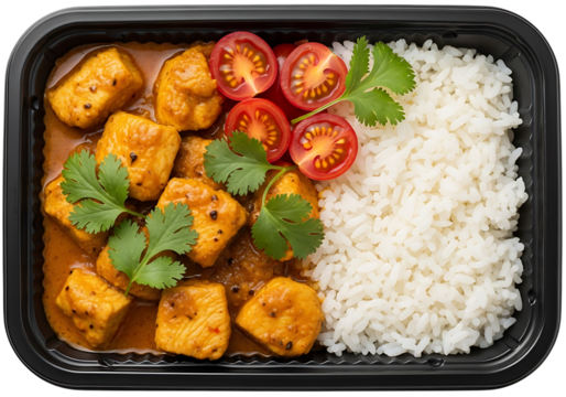 Delicious indian curry with paneer and basmati rice served in takeout container overhead shot transparent background