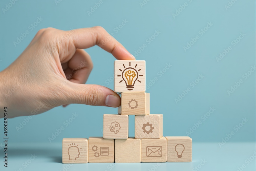 Poster hand placing wooden cube with lightbulb icon on top of pyramid of wooden blocks with various busines