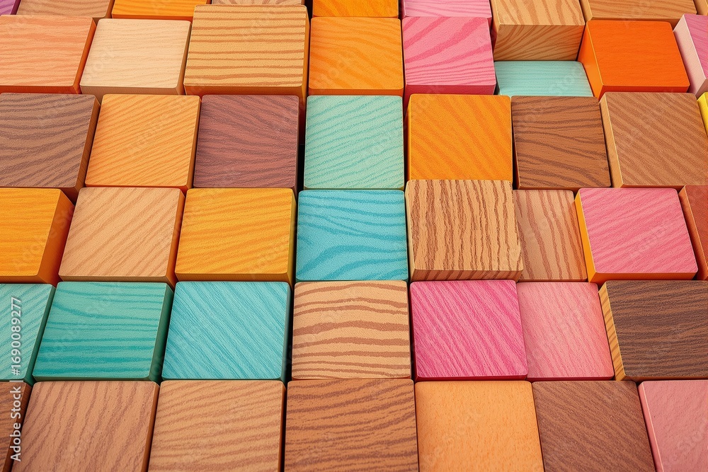 Aufkleber multicolored wooden blocks with distinct grain textures arranged in a seamless geometric pattern on 