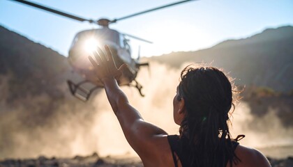 Woman Waving at Approaching Helicopter in Natural Outdoor Setting