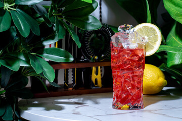 Bitter lemon cooler alcoholic cocktail drink with gin, dry vermouth, juice, grenadine, soda, ice...