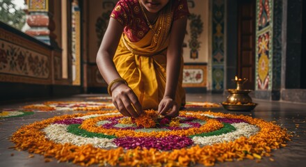 Woman creating colorful rangoli with flower petals for Onam celebration in India. Onam Pookalam for Kerala's harvest festival celebrating King Mahabali's return.	

