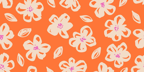 Hand drawn lines cream flower, seamless patterns orange background. Minimalist simple flat floral fabric pastel design. Design for clothing, textiles, book cover, banner, wrapping paper. Vector EPS10.