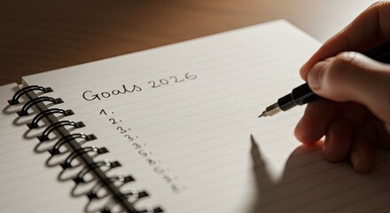 Hand Writing Goals 2026 in Notebook, Planning Future, Close-Up Shot.