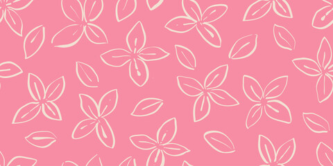 Hand drawn lines cream flower, seamless patterns on pink background. Minimalist simple flat floral fabric pastel design. Design for clothing, textiles, book cover, banner, wrapping paper. Vector EPS10