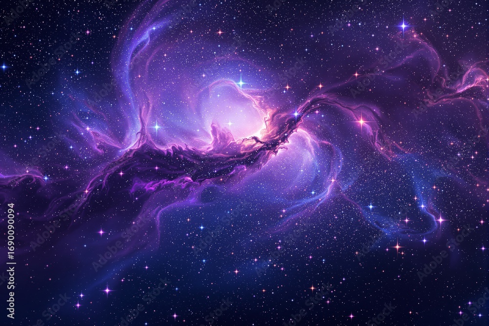 Poster abstract cosmic nebula with glowing stars and swirling purple clouds in a dreamy artistic style on a