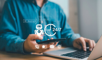 AI assistant chatbot providing 24/7 customer support, man using smartphone and laptop virtual...