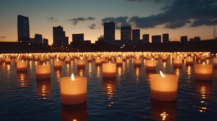 Peaceful Candlelight Reflections Over Water at Dusk in Urban Setting