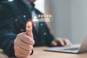 Businessman showing thumbs up with glowing smile icon and five-star rating, symbolizing positive...