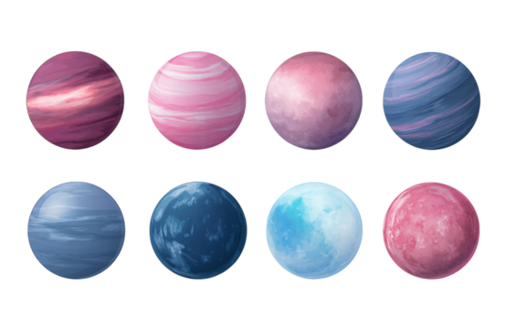 Set of pink and blue planets isolated on transparent background.