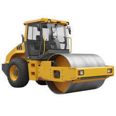 Yellow road roller construction vehicle isolated on transparent background