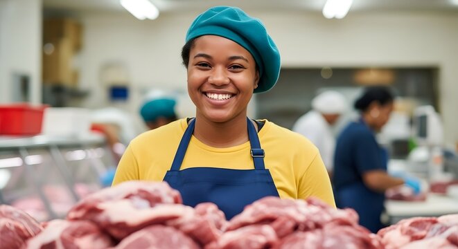 A smiling butcher stands proudly in front of a display of fresh meat, wearing a blue apron and hat, showcasing the quality of her products