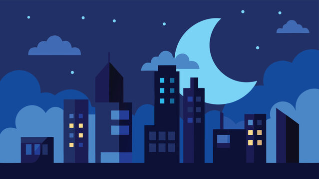 Stylized Cityscape at Night with Crescent Moon, Clouds, and Stars, Depicted in Blue Tones