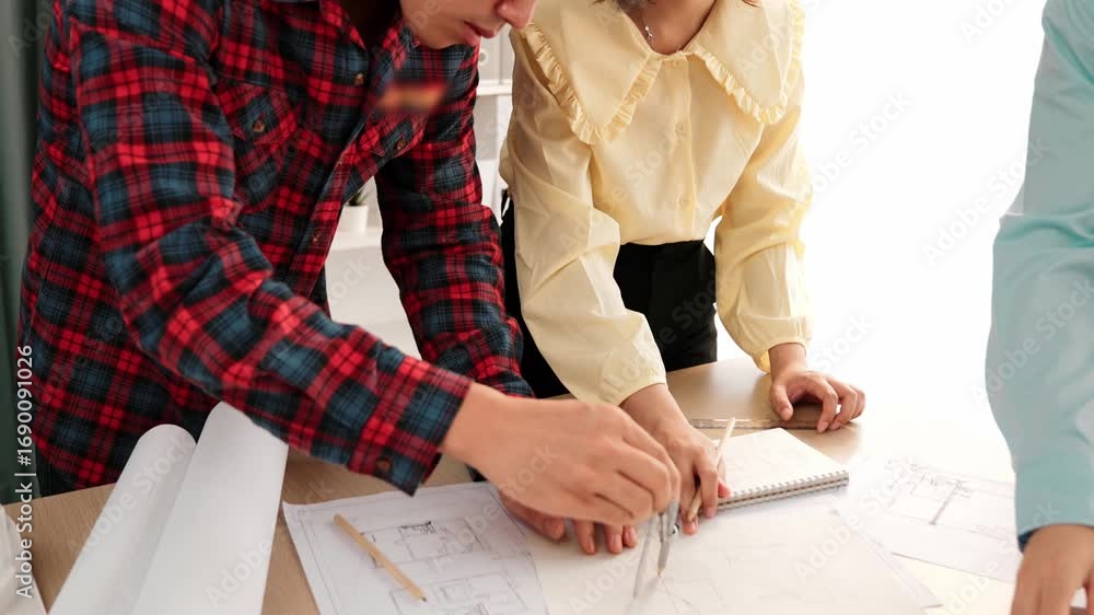 Aufkleber architect and safety engineer discussion about building blueprint displaying on laptop on table usin