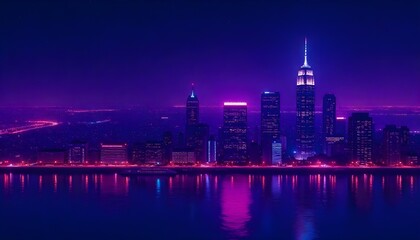 Neon Cityscape:  Nighttime Aerial View of Manhattan Skyline with Purple and Pink Reflections.