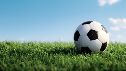 Fototapeta premium Classic soccer ball on green grass under blue sky