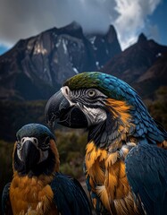 Vibrant macaws perched with mountains in the background