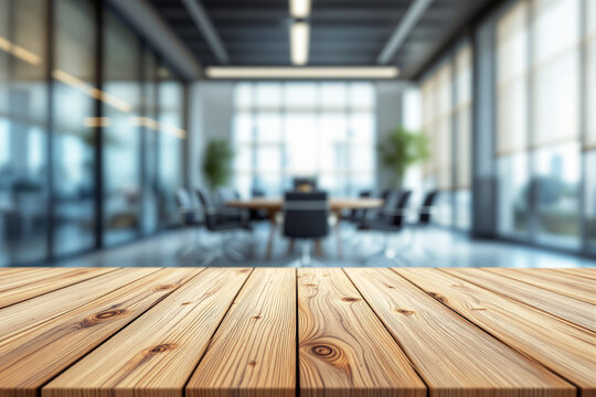 Close-up of wooden tabletop with modern blurred conference room background in corporate office setting focused on creative business concepts. Ai generative - Powered by Adobe